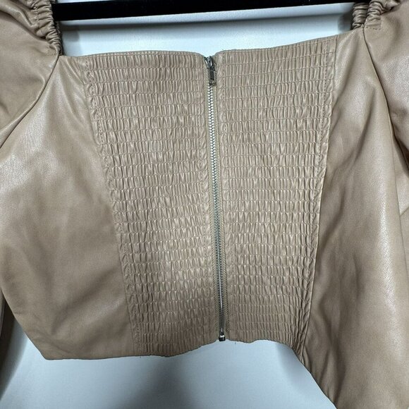 7 For All Mankind Faux Leather Puff Sleeve Square Neckline Smocked Back Medium M - Picture 2 of 7